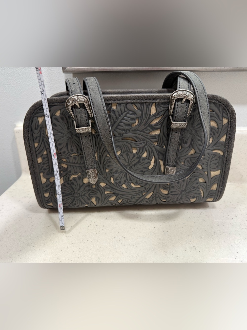 Montana west Black Floral Tooled Tote Bag with Silver Buckle Accents